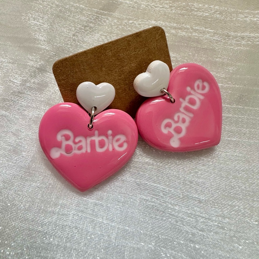 Barbie Pink and White Heart Earrings Handmade Barbie Heart Clay Earrings EUC